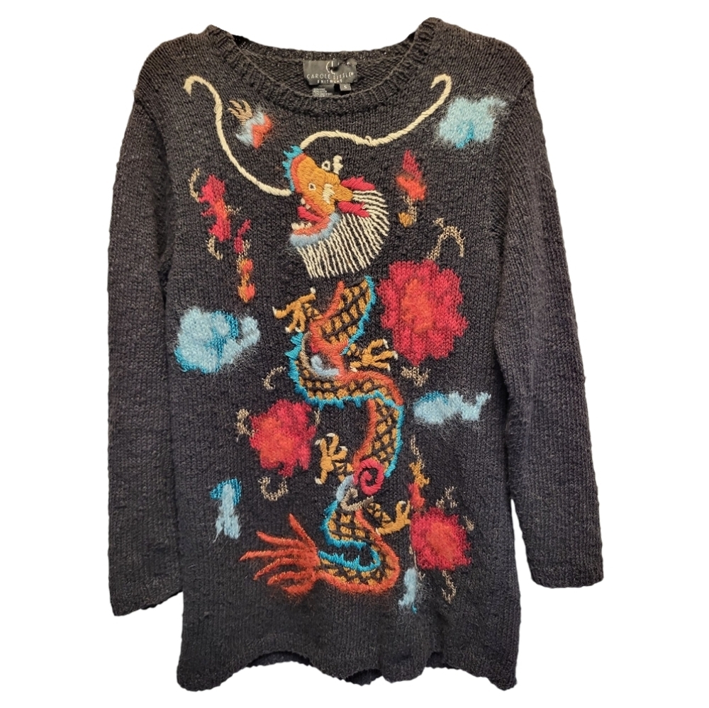 Vintage Carole Little Black Crew Neck Sweater Asian-Inspired Dragon Design-Small